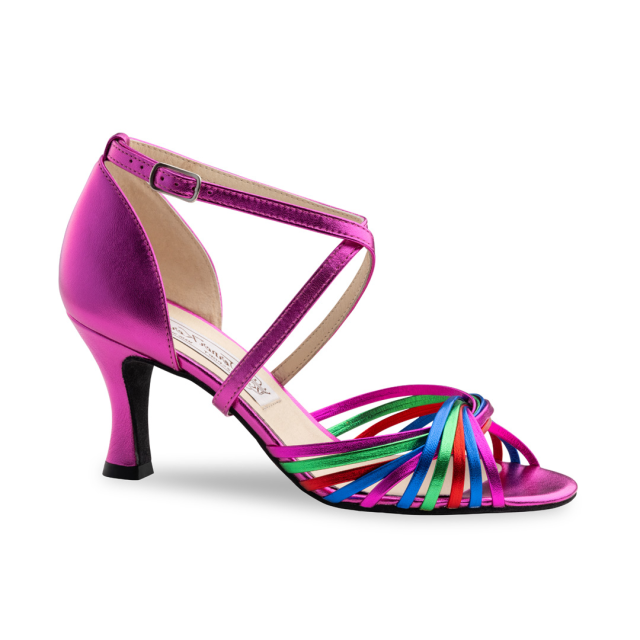 Werner Kern Mary Dames Dansschoenen in Fuchsia Metallic Leer met Kleurrijke Bandjes - 6,5 cm Hak