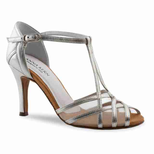 Anna Kern 870-75 Dames dansschoenen met T bandje en Stiletto hak van zilver metallic Leer
