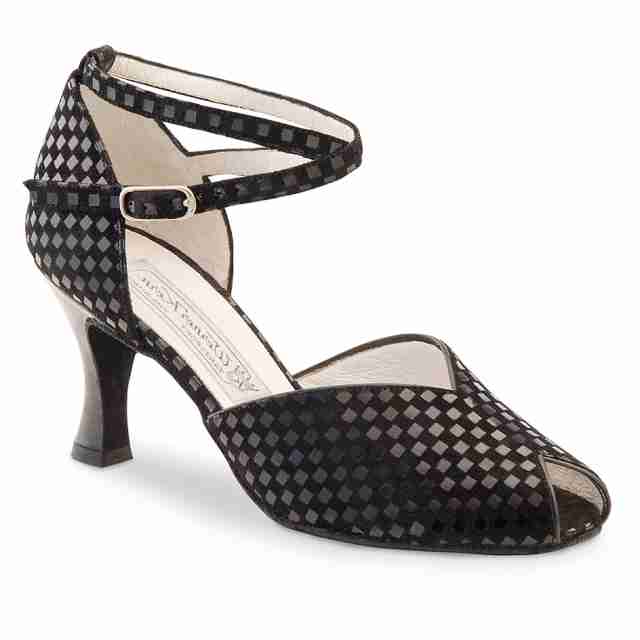 Werner Kern Asta dames dansschoenen met Peeptoe en Kruis enkelbandje zwarte suede met blokjes print